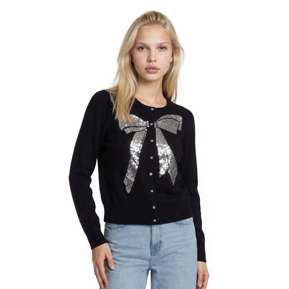 Charter Club Cardigan Women's‎ Size XL Black Sequin Bow Rhinestone Button